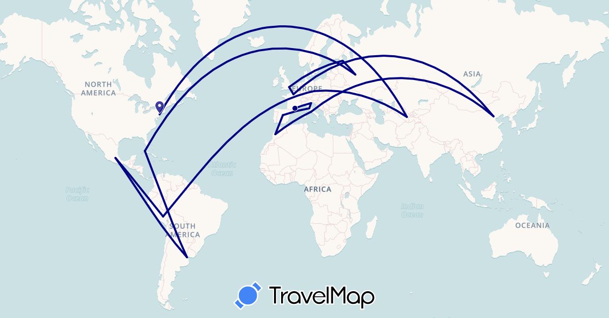 TravelMap itinerary: driving in Argentina, China, Cuba, Czech Republic, Spain, France, United Kingdom, Italy, Morocco, Mexico, Peru, Russia, United States, Uzbekistan, Vatican City (Africa, Asia, Europe, North America, South America)